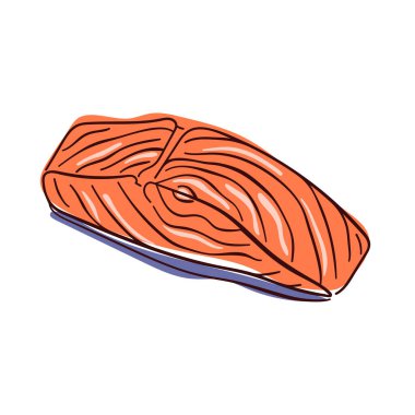 Düz stil somon balığı. Kırmızı biftek dilimi. Taze ürün. Deniz ürünleri restoranı menüsü, yemek tarifi, ürün paketi için tasarım. Vektör illüstrasyonu beyaz arkaplanda izole edildi.