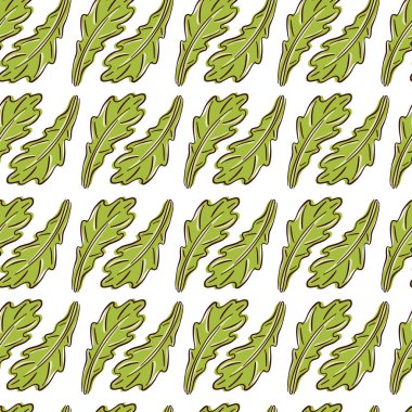 Arugula 'nın kusursuz deseni düz bir şekilde ayrılıyor. El çizimi çiçek çizimi tasarımı. Sağlıklı menü. Beyaz arkaplanda vektör illüstrasyonu.