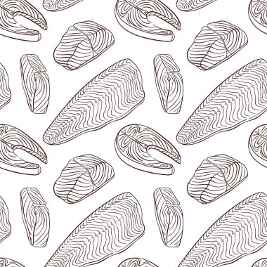 Sanat tarzında dilimsiz somon balığı deseni. Deniz ürünleri restoranı menüsü için yemek tasarımı. Beyaz arkaplanda vektör illüstrasyonu.