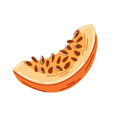 Çizgi film tarzında görünen çekirdekli balkabağı dilimi. Parça parlak turuncu bir et ve kıvrımlı, doğal bir doku gösteriyor. Vektör illüstrasyonu beyaz arkaplanda izole edildi.