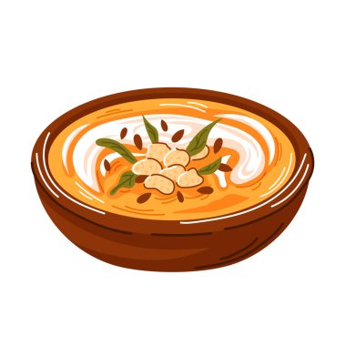 Çizgi film tarzında kremalı çorba ve kabak aromalı krema. Sonbahar sezonu için yemek menüsü tasarımı. Vektör illüstrasyonu beyaz arkaplanda izole edildi.