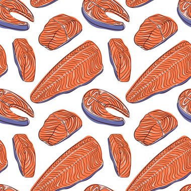 Somon filetosu düz bir şekilde. Deniz ürünleri restoranı menüsü için yemek tasarımı. Beyaz arkaplanda vektör illüstrasyonu.