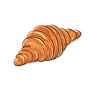 Yumuşak ve gevrek katmanlı taze pişmiş kruvasan. Restoran için fırın, sanat tarzında kafe menüsü. Vektör illüstrasyonu beyaz arkaplanda izole edildi.