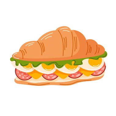 Marul, yumurta, peynir ve salamlı kruvasan sandviçin çizgi film tarzında canlı bir çizimi. Kahvaltı için fırın, brunch ya da atıştırmalık bir şeyler. Beyaz arkaplanda vektör illüstrasyonu.