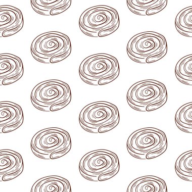 Tarçınlı rulo, tek sanat tarzında kusursuz desen. Tarçınlı çörek ambalaj kağıdı, kumaş, tekstil, yüzey, ağ ve baskı tasarımı. Beyaz arkaplanda vektör illüstrasyonu.