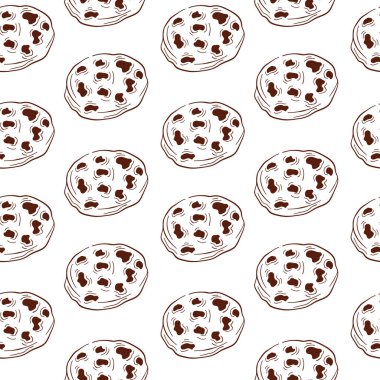 Kusursuz desenli çikolata parçalı kurabiyeler sanat tarzında. Fırın ambalajı ve dekoratif tasarım için mükemmel. Vektör illüstrasyonu beyaz arkaplanda izole edildi.