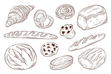 Sanat tarzında fırın yemeği koleksiyonu. Ekmek, hamur işi, kruvasan, baget, kraker, ekmek, kek, kurabiye. Yiyecek markası, ambalaj ya da menü tasarımları için tasarım. Vektör çizimi izole edildi.