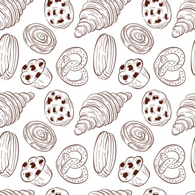 Pastane kruvasanı, kraker, rulo, ekkin, kek, çikolatalı kurabiye parçacıklı kusursuz desen. Beyaz arka planda ambalaj, geçmiş, menü, kafe, restoran için satır tasarımı.