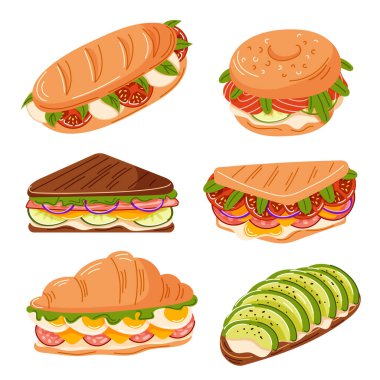Sebze, peynir, avokado, jambon, salam, mozzarella ve somon dolu lezzetli sandviçler. Baget, simit, kruvasan, tost, ekmek. Düz çizgi film biçimi