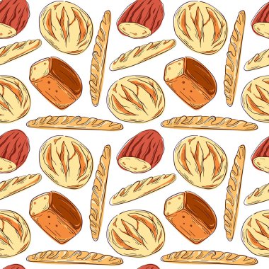 Ekmek, baget ve yuvarlak ekmekleri sanat tarzında çeşitli ekmek türleri olan kusursuz desenler. Pastane tasarımları, ambalaj, duvar kağıtları ve gıda projeleri için mükemmel bir arkaplan.