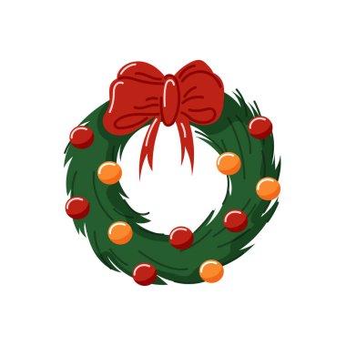 Altın ve kırmızı taşaklı bir Noel çelengi ve çizgi film tarzında selamlama. Tatil için dekoratif tasarım öğesi beyaz arka planda izole edilmiş. Yeni yıl tatili.