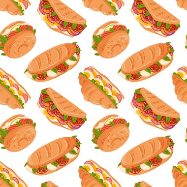 Çeşitli sandviç desenleri, kruvasan, simit ve denizaltı düz stil. Yemek tasarımı, menü, restoran dekorasyonu ve yemek paketlemesi için mükemmel. Beyaz arkaplan.