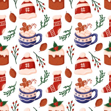 Noel elementleri, sıcak çikolata, zencefilli kurabiye, çorap, kozalak ve kış şapkalı şenliksiz şenlik. Tatil ambalaj kağıdı, tekstil ve dekor için ideal.