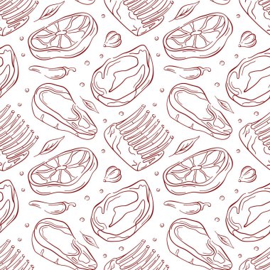 Biftek, kaburga ve pirzola da dahil olmak üzere çeşitli et kesikleri olan kusursuz bir desen. Yiyecek ambalajı, geçmiş, kasap dükkanı tasarımları ve mutfak temaları için mükemmel..