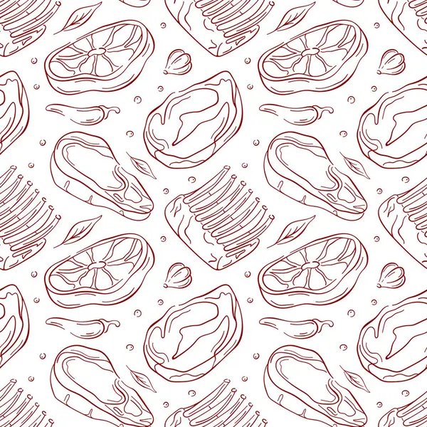 Biftek, kaburga ve pirzola da dahil olmak üzere çeşitli et kesikleri olan kusursuz bir desen. Yiyecek ambalajı, geçmiş, kasap dükkanı tasarımları ve mutfak temaları için mükemmel..