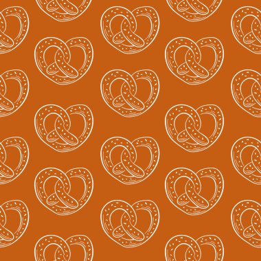 Kahverengi arka planda kalp şeklinde elle çizilmiş krakerlerin kusursuz deseni. Fırın, Ekim Festivali teması, ambalaj ve festival tasarımı için ideal.