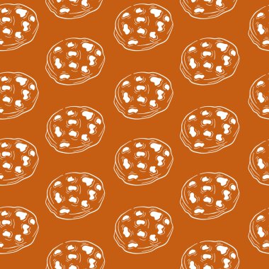 Seamless pattern with hand drawn chocolate chip cookie on a brown background. Perfect for bakery packaging, textile design, kitchen decor and dessert themed graphic. clipart