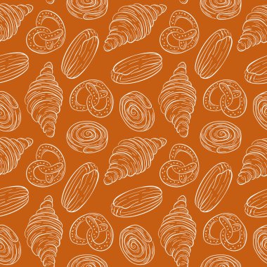 Seamless pattern featuring various bakery food croissant, pretzel, eclair and cinnamon roll in a linear style on an brown background. Perfect for culinary themed fabric, packaging or wallpaper. clipart