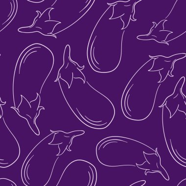Pürüzsüz patlıcan deseni, saf sanat tarzında, koyu mor bir arka planı var. Gıda tasarımı, arkaplan veya mutfak dekorasyonu için ideal patlıcan tasviri.