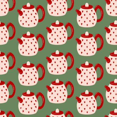 Yeşil arka planda düz bir kalple süslenmiş kırmızı çaydanlıklı pürüzsüz desen. Tekstil, duvar kağıdı ve güzel temalı ambalaj kağıdı için idealdir..