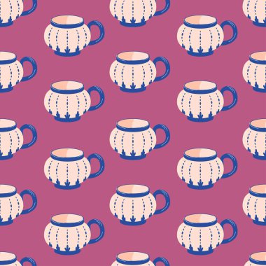 Seramik çay fincanları ve kahve fincanları düz bir şekilde. Tekstil ve ambalaj kağıtları için seramik ve porselen çay fincanı ile mutfak çanak çömleği.