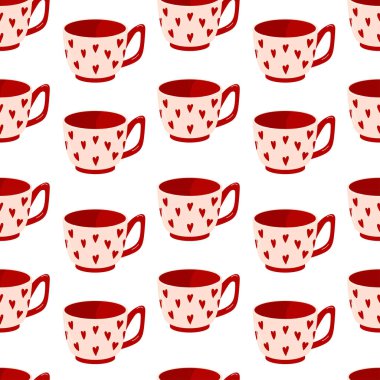 Sevgililer Günü 'nde kupa ve kalp şeklinde kusursuz desenler. Kahve, çay ve içecek için beyaz arka planda renkli bardaklar. Ağ, tekstil, baskı, ambalaj için tasarım.