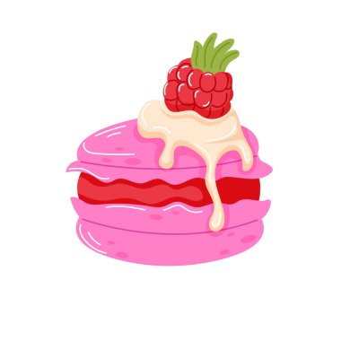 Üzerinde çizgi film tarzında yayılabilir krema ve ahududu olan pembe bir kurabiye. Pastane için Sevgililer Günü tasarımı, kafe menüsü. Beyaz arkaplanda izole edilmiş vektör illüstrasyonu.