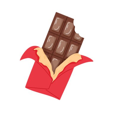 Mocha mus renginde canlı kırmızı bir paket çikolatayı ısırdı. Sevgililer Günü teması için çizgi film tarzı tatlı ikram. Beyaz arkaplanda izole.