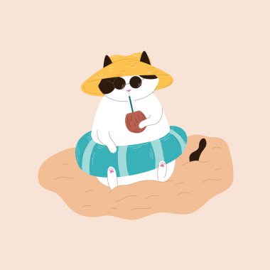 Şişme bir yüzükteki smokin kedisi, güneş gözlüğü, şapka takarak kumda oturur ve pipetten hindistan cevizine kokteyl içer. Yaz tasarımı için düz biçim illüstrasyonu.