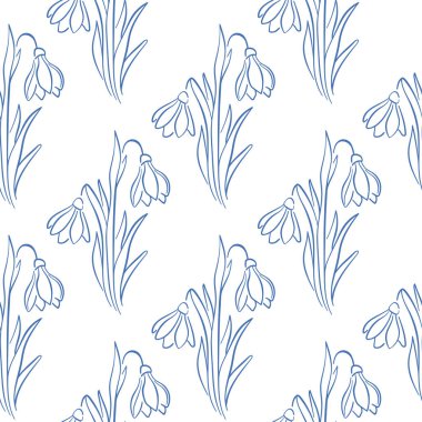 Beyaz arkaplandaki kar damlaları sanat tarzında kusursuz desen oluşturuyor. Bahar tasarımı için çiçek deseni, duvar kağıdı, kartpostal.