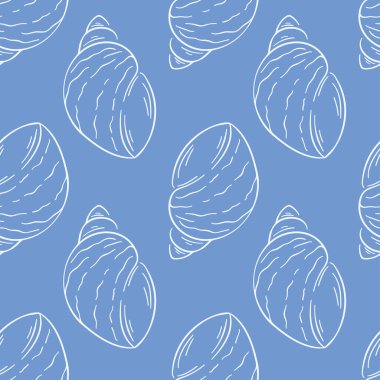 Mavi arka planda kusursuz deniz kabuğu çizgileri. Zarif deniz tasarımı tekstil, duvar kağıdı ve yaz temalı projeler için mükemmeldir..