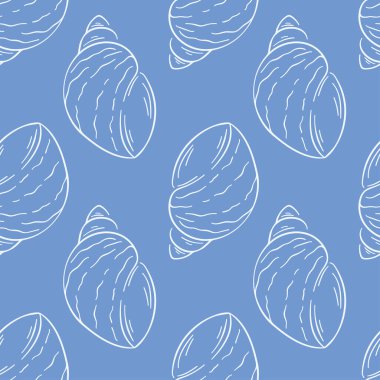 Seamless seashell line art pattern on a blue background. Elegant nautical design perfect for textile, wallpaper and summer themed projects. clipart