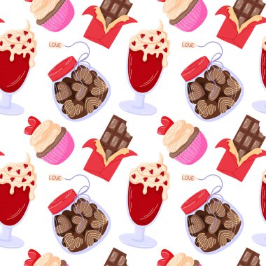 Çikolatalı şekerler, kekler, içkiler ve çizgi film tarzında kırmızı paketlerle kusursuz bir Sevgililer Günü deseni. Tatil tasarımı, ambalaj kağıdı, kart ve şenlikli dekorasyon için mükemmel..