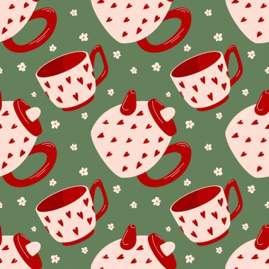 Çaydanlık, kırmızı kalp ve yeşil arka planda papatya desenli düz bir çaydanlık. Ev dekorasyonu, tekstil ve mutfak havlusu tasarımı için mükemmel..