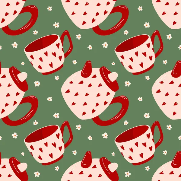 Çaydanlık, kırmızı kalp ve yeşil arka planda papatya desenli düz bir çaydanlık. Ev dekorasyonu, tekstil ve mutfak havlusu tasarımı için mükemmel..