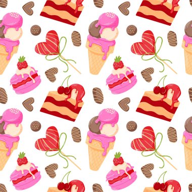 Kalp şeklinde şeker, çikolata, çörek, lolipop ve çizgi film tarzında çilekli kusursuz sevgililer günü yemekleri. Hediye paketleme, kartlar, tekstil ve romantik tasarım için mükemmel..