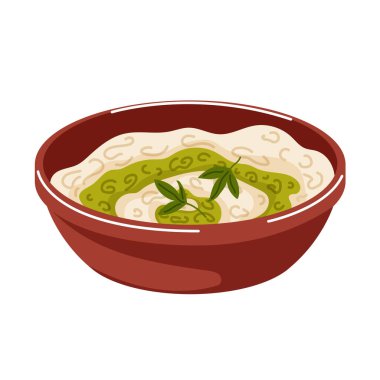 Karikatür tarzında kahvaltı için Türk yoğurdu. Beyaz arka planda izole edilmiş restoran menüsü için sarımsaklı yoğurt sosu tasarımı.