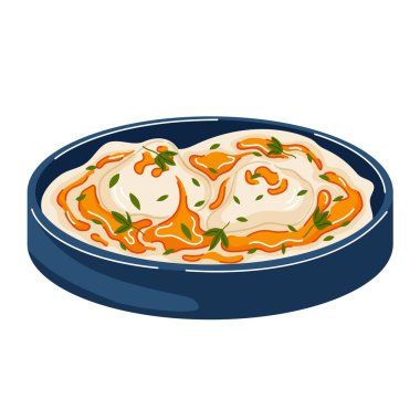 Karikatür tarzında kahvaltıda yoğurtla haşlanmış Türk yumurtası. Restoran menüsü için bitki içeren cilbir beyaz arkaplanda izole edildi.