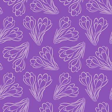 Kusursuz çiçek desenli krokus ya da safran çiçekli mor arka planda sanat tarzı. Duvar kağıdı, ambalaj ve tekstil için bahar tasarımı.