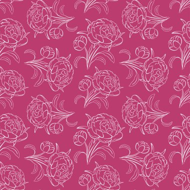 Şakayık çiçekleri pembe arka planda sanat tarzında kusursuz desenler. Paket kağıdı, düğün davetiyesi, tekstil, kumaş, kartpostal tasarımı.