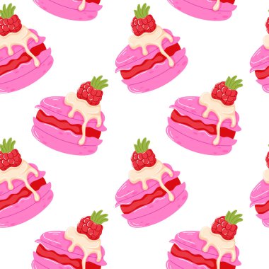 Kremalı ve çizgi film tarzında damlayan jöleli pembe ahududulu makarna deseni. Pastane ambalajı, kumaş, duvar kağıtları ve beyaz arka planda tebrik kartları için tatlı tatlı tasarımı..