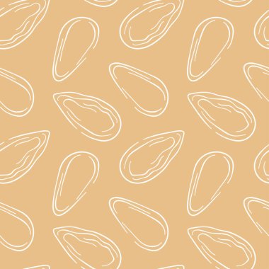 Bej arka planda badem çizgisi sanat tarzı kusursuz desen. Bir market, baskı, kumaş, ambalaj kağıdı, menü için el çizimi tasarımı.
