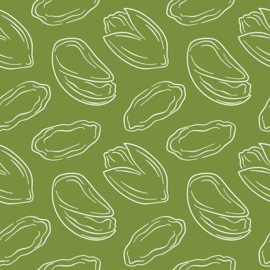 Kusursuz desenli şam fıstığı. Yeşil arka planda sanat tarzı. Kart, paket, yiyecek deposu için el yapımı fındık tasarımı