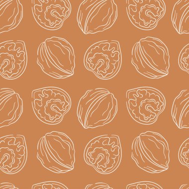 Kahverengi arka planda ceviz çizgisi tarzı kusursuz desen. Paket, kumaş, tekstil, kart, menü, yiyecek deposu için el yapımı fındık çizimi.