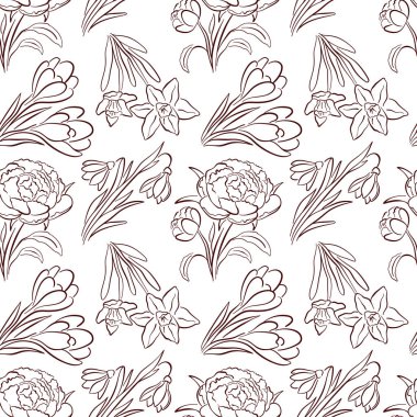 Kusursuz çiçek desenli bahar çiçeği lalesi, şakayık, nergis ve sanat tarzında crocus. El çizimi botanik tasarım, beyaz arka planda kumaş baskısı.