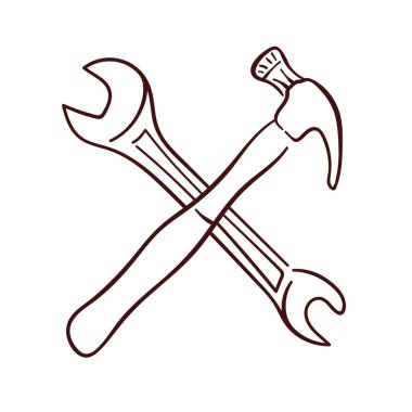 Çapraz çekiç ve ingiliz anahtarının çizgi çizimi sembolik bir araç, onarım ve inşaat. Logo, simge, mekanik, DIY projesi ve mühendislikle ilgili tasarım için mükemmel.