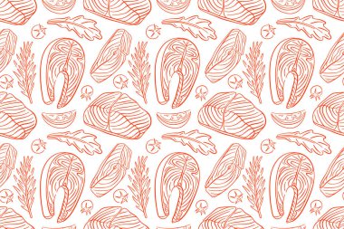 Kusursuz desenli somon bifteği ve beyaz arka planda sanat tarzı malzemeler. Domates, limon dilimleri, biberiye, roka. Menü, duvar kağıdı, tekstil ve ambalaj için kırmızı balık tasarımı