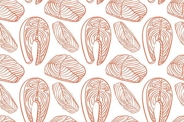 El yapımı somon filetosu ve sanat tarzında biftekli kusursuz desen. Deniz ürünleri ambalajı, restoran menüsü, mutfak tasarımı ve beyaz arka planda balık pazarı markası için mükemmel.