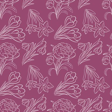 Bahar çiçeği lalesi, şakayık, nergis ve elle çizilmiş kruvazör desenli kusursuz desen. Kumaş, ambalaj kâğıdı ve pembe arka plan için basit bir çiçek tasarımı.