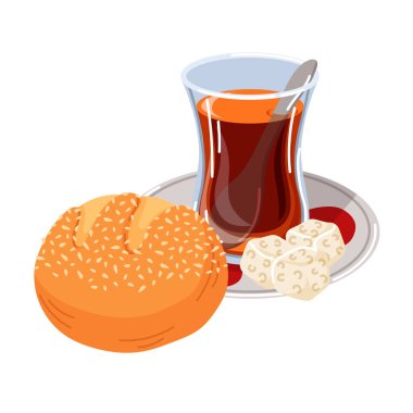 Bir bardak çayla Türk kahvaltısı, susamlı çörek, şeker küpleri ve çizgi film tarzında kırmızı desenli çay tabağında kaşık. Sabah kahvaltısı için yiyecek kültürü beyaz arka planda izole edilmiş..